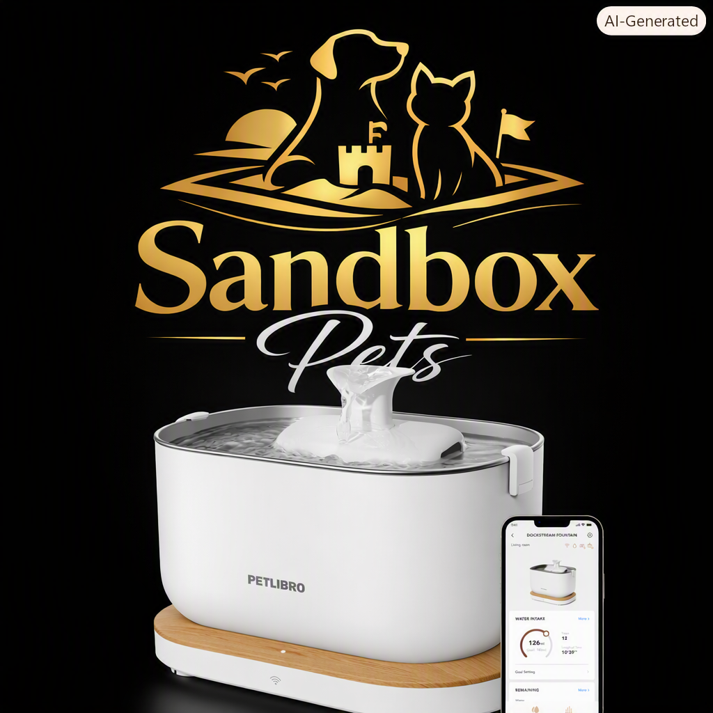 A white pet water fountain with a wooden base and a clear lid, shown with a smartphone app screen and a large gold 'Sandbox Pets' logo on a black background.