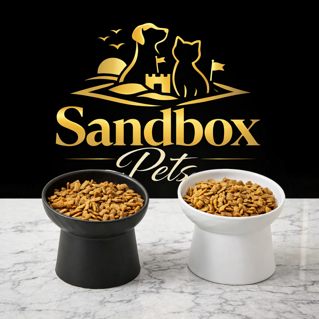 Two elevated pet bowls, one matte black and one glossy white, both filled with dry kibble, displayed on a light marble surface against a black background with a large gold Sandbox Pets logo.