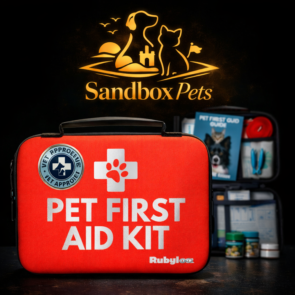 A red pet first aid kit case with a white cross and paw print, labeled 'PET FIRST AID KIT' and 'Rubylite', shown open with medical supplies behind it on a dark background. A large 'Sandbox Pets' logo appears above.