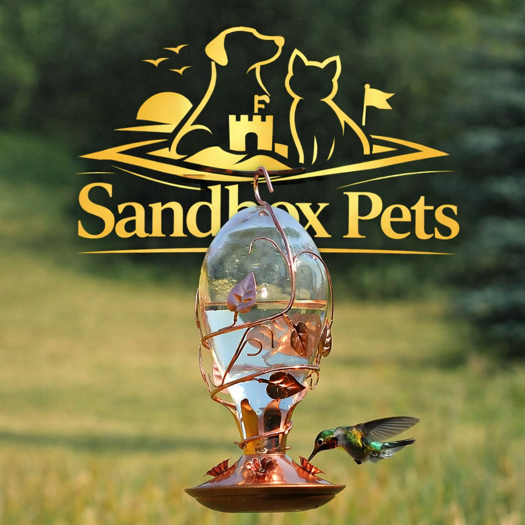 A clear glass bird feeder with copper wire wrapping and a matching feeder base, shown outdoors in a grassy yard with a hummingbird at the feeder. A large gold 'Sandbox Pets' logo graphic is overlaid at the top.