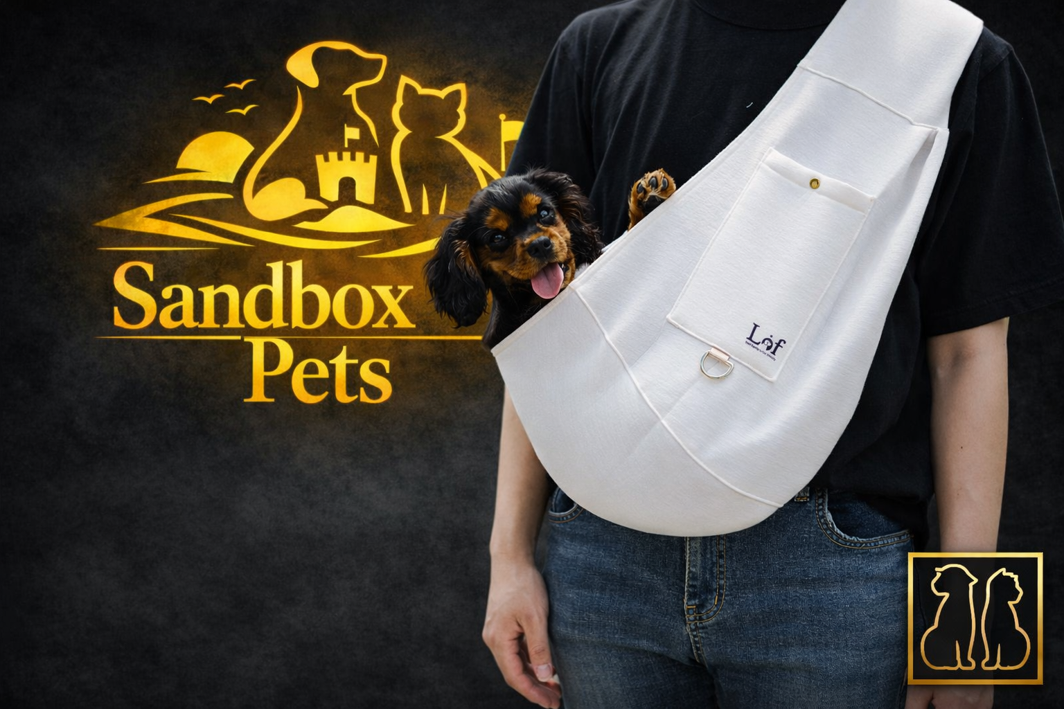 A person wearing a black t-shirt and blue jeans carries a small black and tan dog in a white sling-style pet carrier bag across their chest. The background is dark gray with a gold 'Sandbox Pets' logo on the left and a small logo on the bottom right.