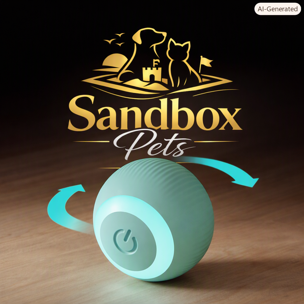 A mint green pet toy ball with a glowing power button, shown on a wooden surface with a large 'Sandbox Pets' logo and arrows above it. The image has an 'AI-Generated' label in the top right corner.