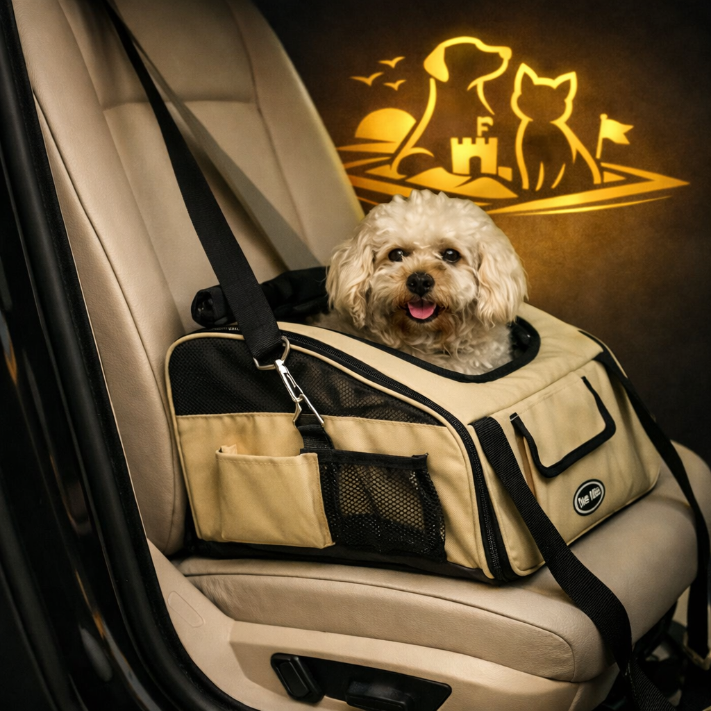 A small fluffy dog sits in a beige and black pet car seat installed on a car seat, with the car door visible and a warm glowing decorative light on the wall behind.