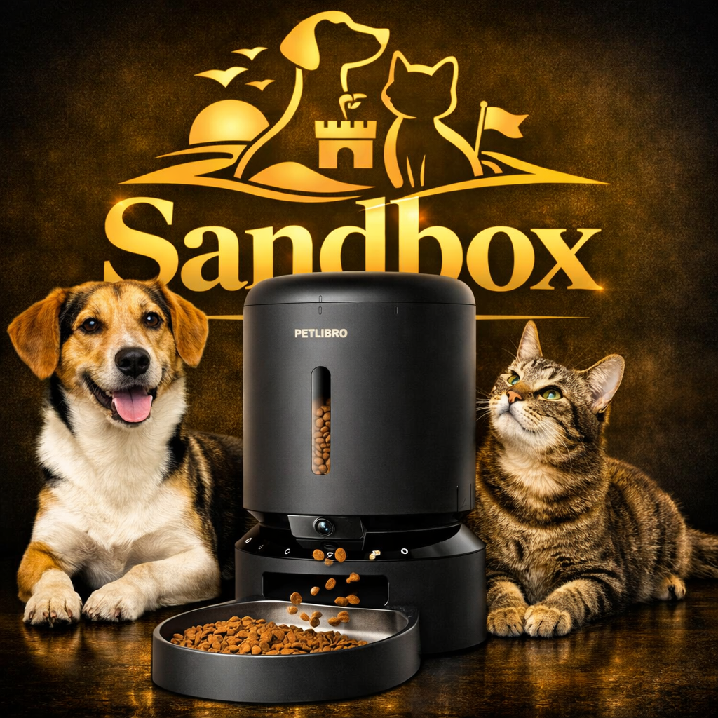 A pet feeder product shown with a dog and a cat on a dark brown background. The feeder is a black cylindrical automatic dispenser with a visible粮 window and a bowl of kibble in front.